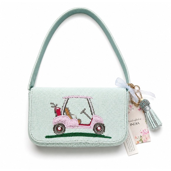Handcrafted in India Handbags - VIRAL Beaded Bag Golf Cart Masters Green & Pink + Charm NWT